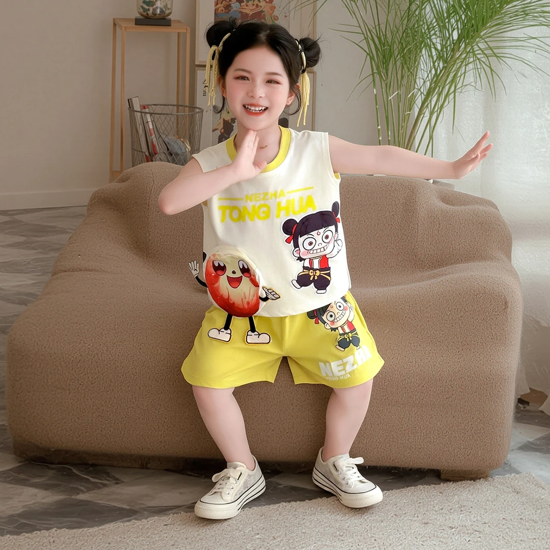 夏季哪吒套装2025新款女童无袖背心儿童休闲短裤女宝宝卡通两件套