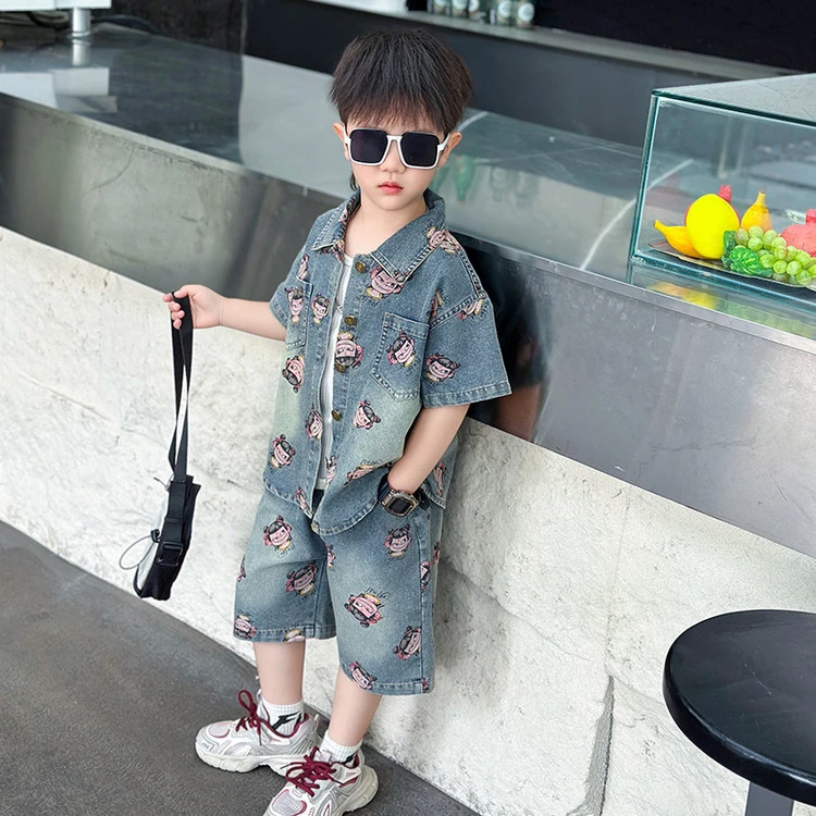 哪吒2025夏季新款儿童男童女童夏款复古气质洋气牛仔套装两件