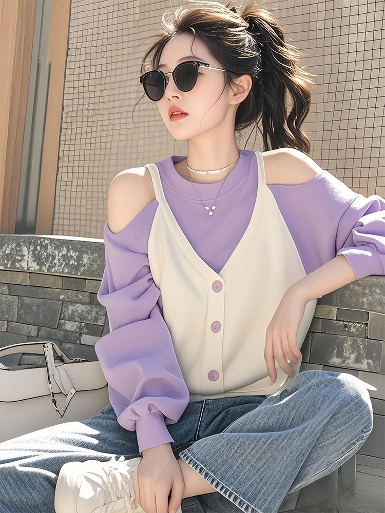 春装女款2025年新款超火假两件卫衣爆款时尚洋气独特漂亮露肩上衣