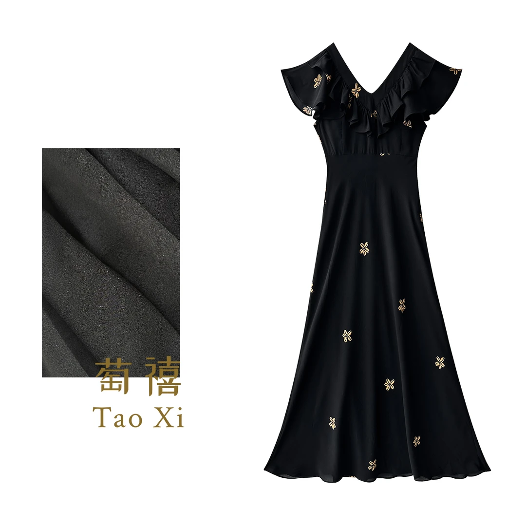 【有你】夏季薄款时尚V领款印花气质优雅显瘦法式连衣裙TX05QZ5341