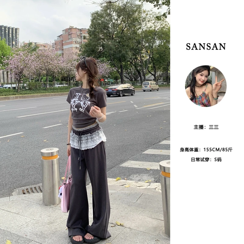 【三三】（蓝调派对）春季韩版时尚百搭气质减龄蕾丝拼接宽松休闲裤