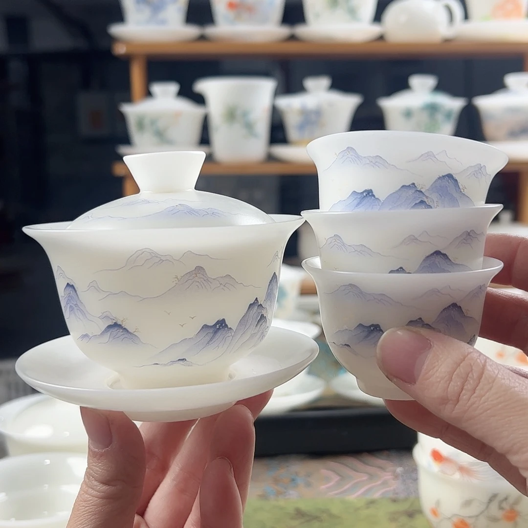 素烧璞玉元宝盖碗满容170ml+3个反口杯60ml-紫色万里山河