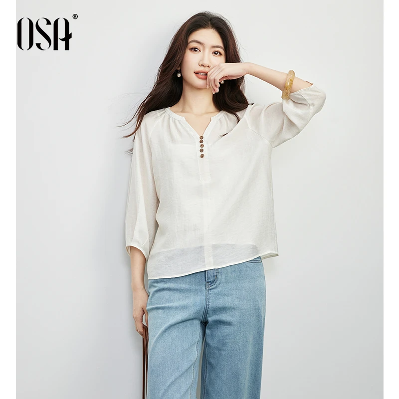 OSA/欧莎 法式V领七分袖衬衫女宽松慵懒感轻薄衬衣上衣S125C12003