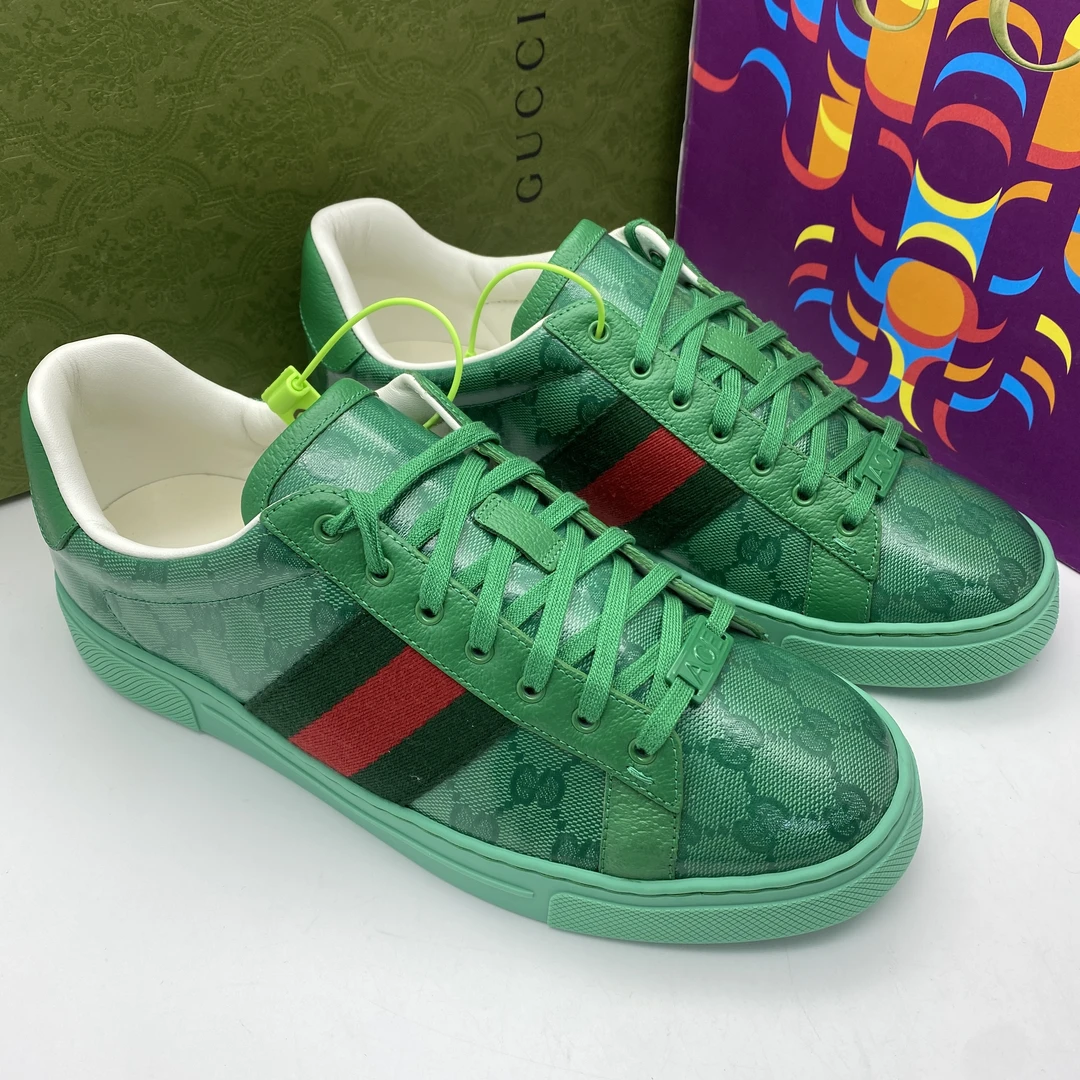 99新 GUCCI/古驰 42.5欧码 绿色亮面舒适潮流休闲板鞋/全套未使用