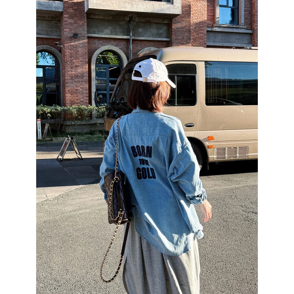 【MGDM】轻薄软牛仔衬衫女2025新款重工后背刺绣上衣休闲通勤外套