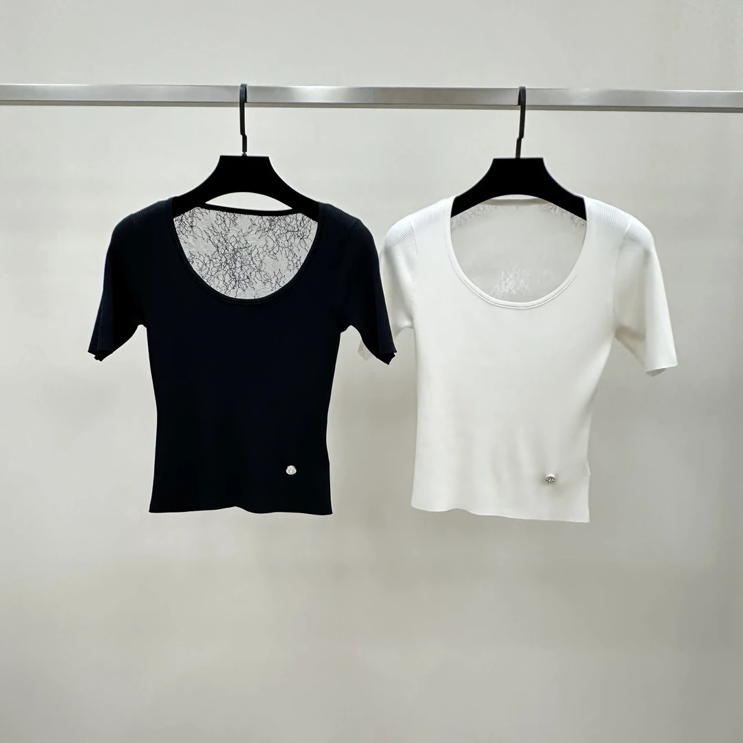 JIAYE CHAN夏季气质设计款短袖拼接蕾丝U型领针织上衣