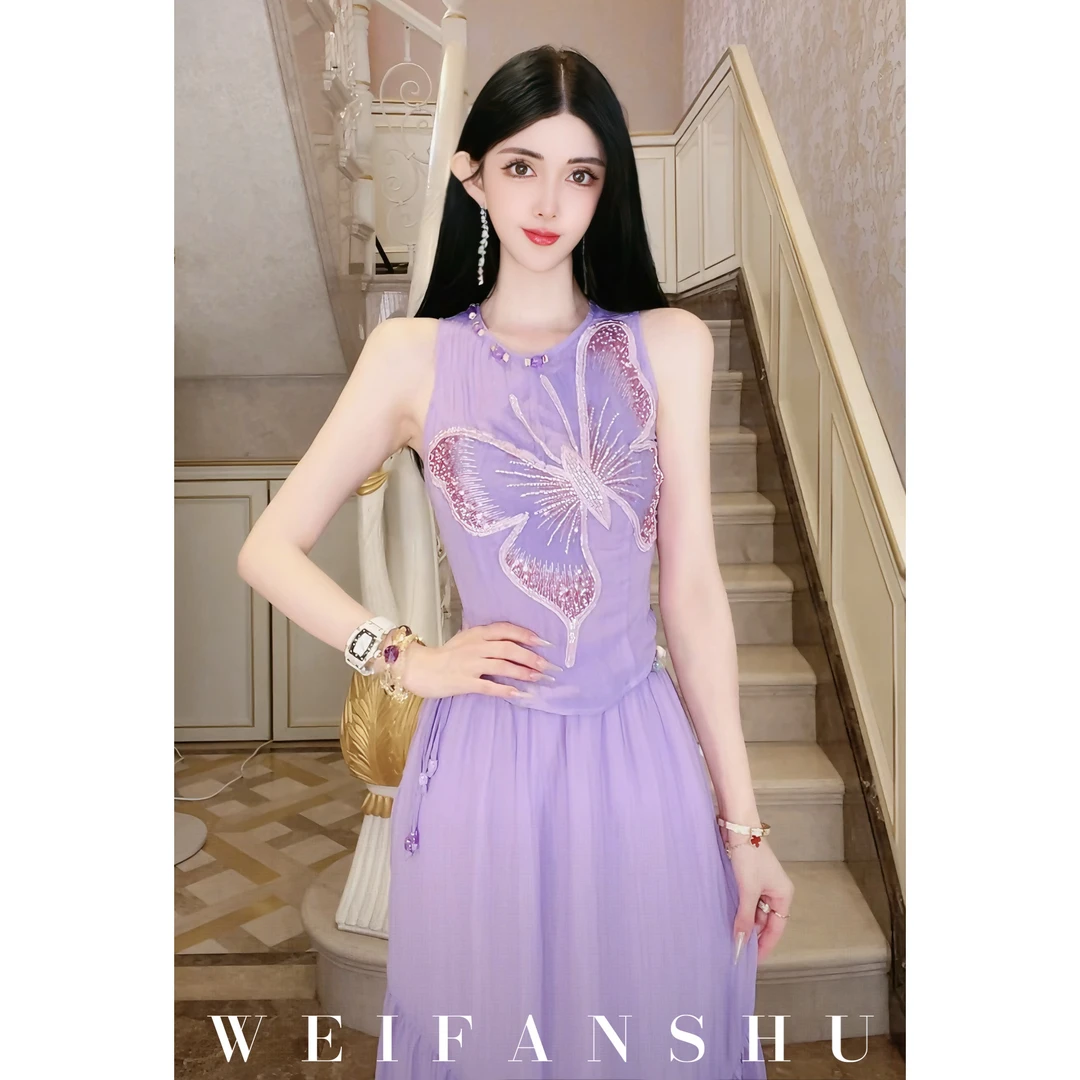 WEIFANSHU/魏凡舒【鸢尾花蝶】春夏新款钉珠上衣&娃娃摆上衣&半裙