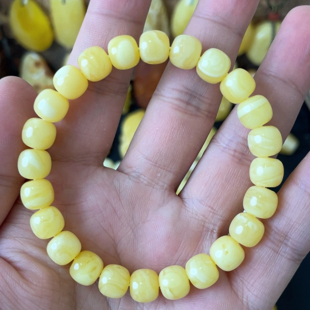 琥珀未镶嵌手串9+俄料黄白花蜡精工老型手串