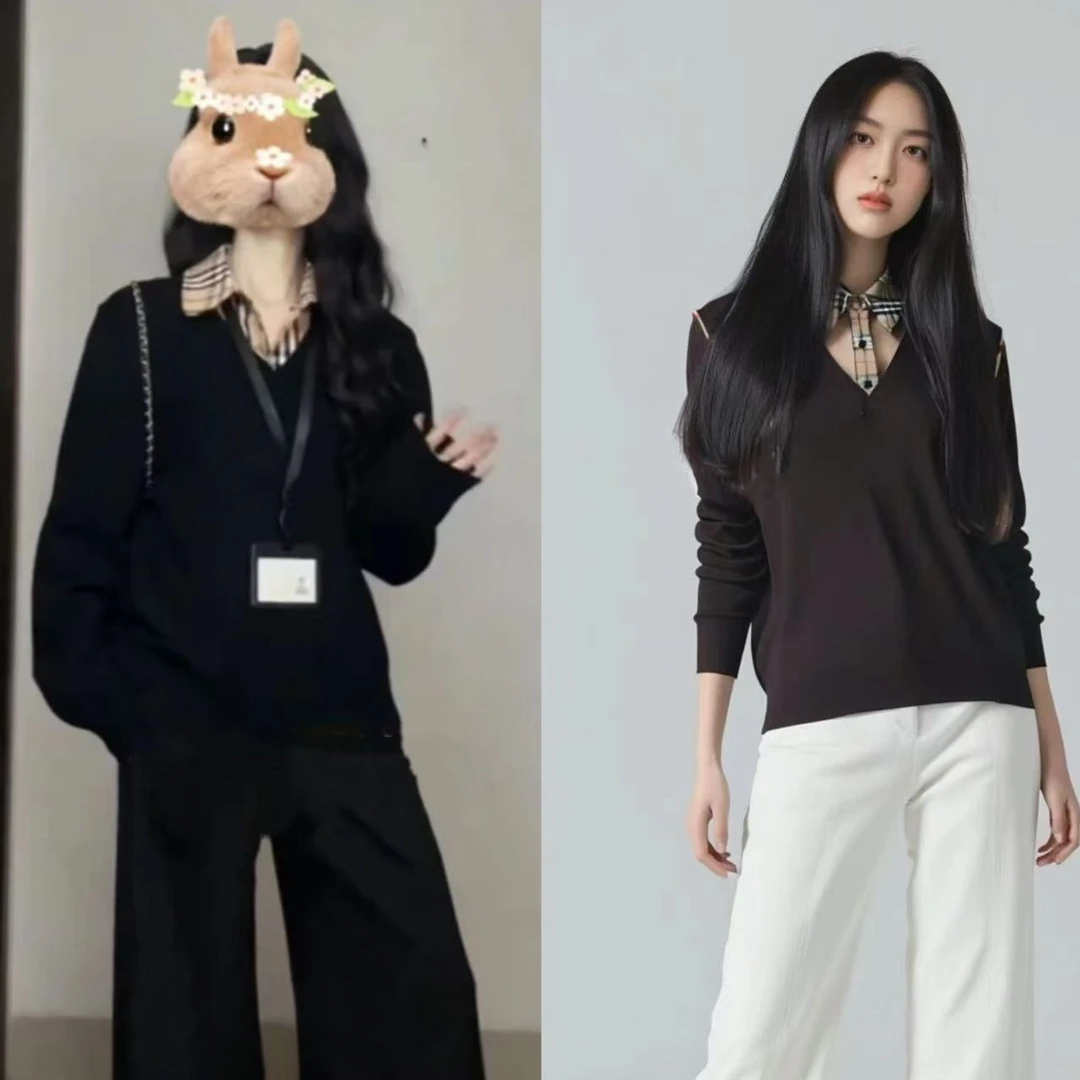 8054-（领口不同）衬衫格子翻领（颜色任意）针织+网纱袖