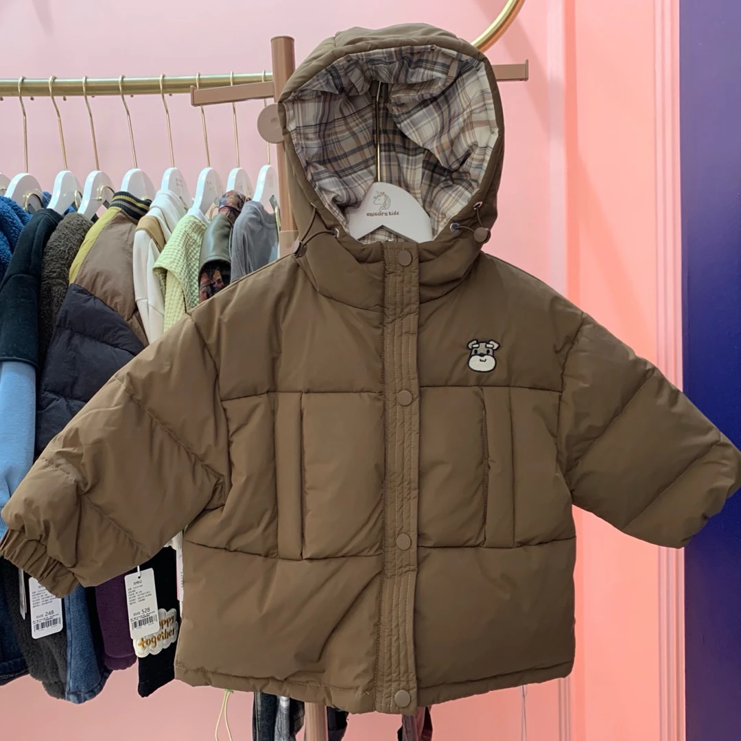 翻领中童韩版带帽羽绒服冬季纯色冬装宝宝长款加绒短款休闲