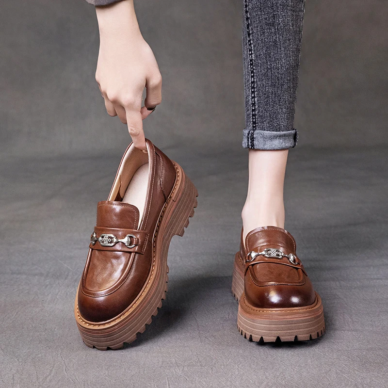 【56688X】春季新款真皮复古一脚蹬单鞋厚底松糕头层牛皮乐福鞋