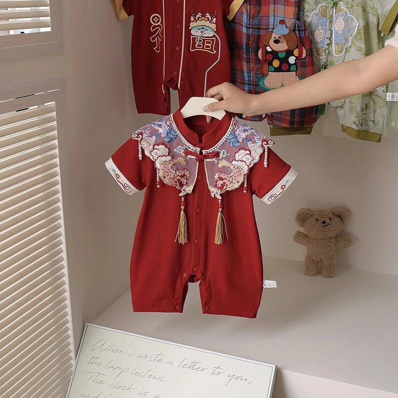 百天宝宝衣服女夏季喜庆短袖连体衣婴儿满月周岁礼服中式唐装汉服