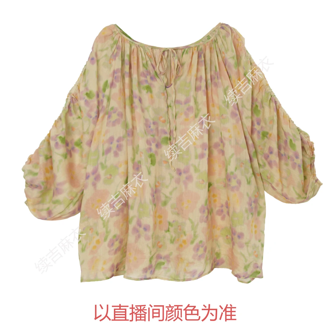 续吉麻衣25-765【相思引】苎麻系带长袖甜美设计感宽松衬衫