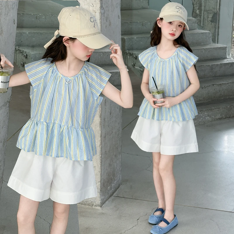 [专柜品质]女童夏装套装2025新款夏季凉感薄款娃娃衫上衣阔腿裤