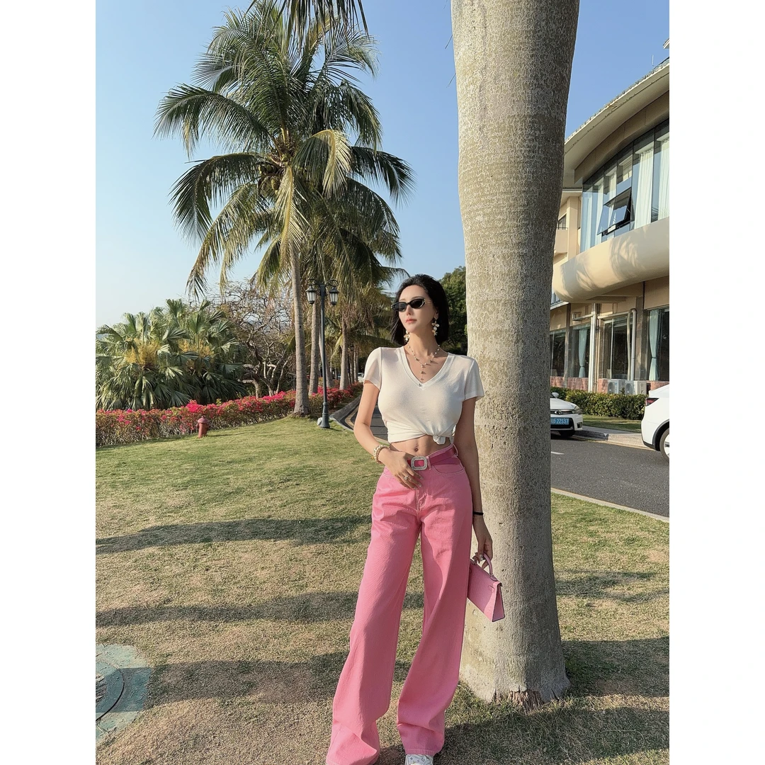 S300【糖果牛仔】黄粉两色净版直筒长裤牛仔裤