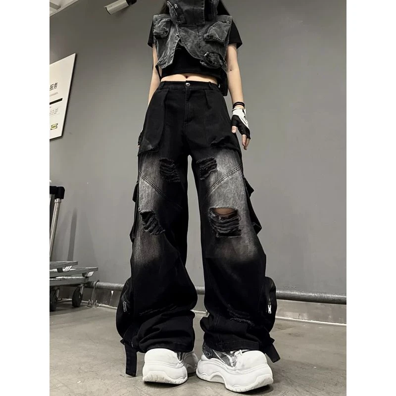 黑色重工水洗破洞牛仔裤裤子跳舞新款阔腿朋克嘻哈工装毛边多口袋