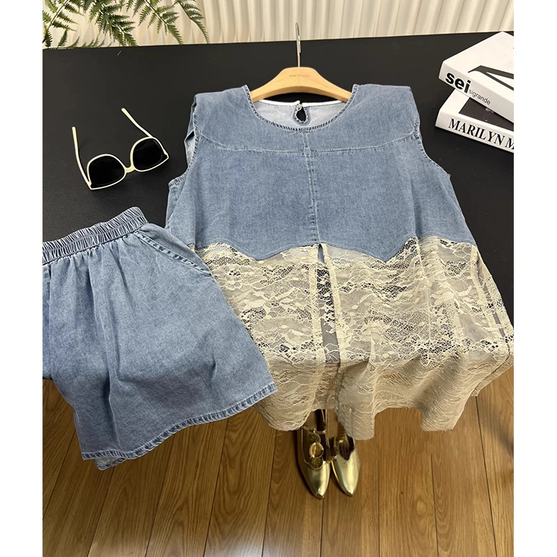 蕾丝拼接牛仔短裤套装女2025夏季新款爆款小个子时尚高级感两件套