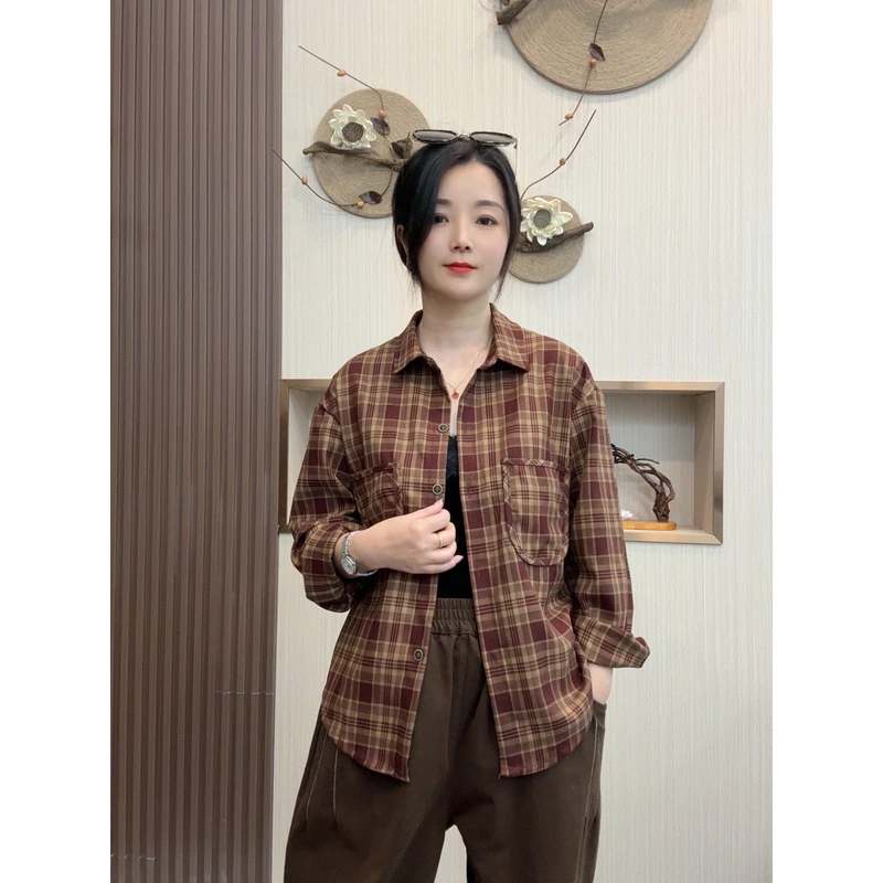 2025春秋新款韩范复古文艺简约时尚女士休闲上衣宽松格子磨毛衬衫