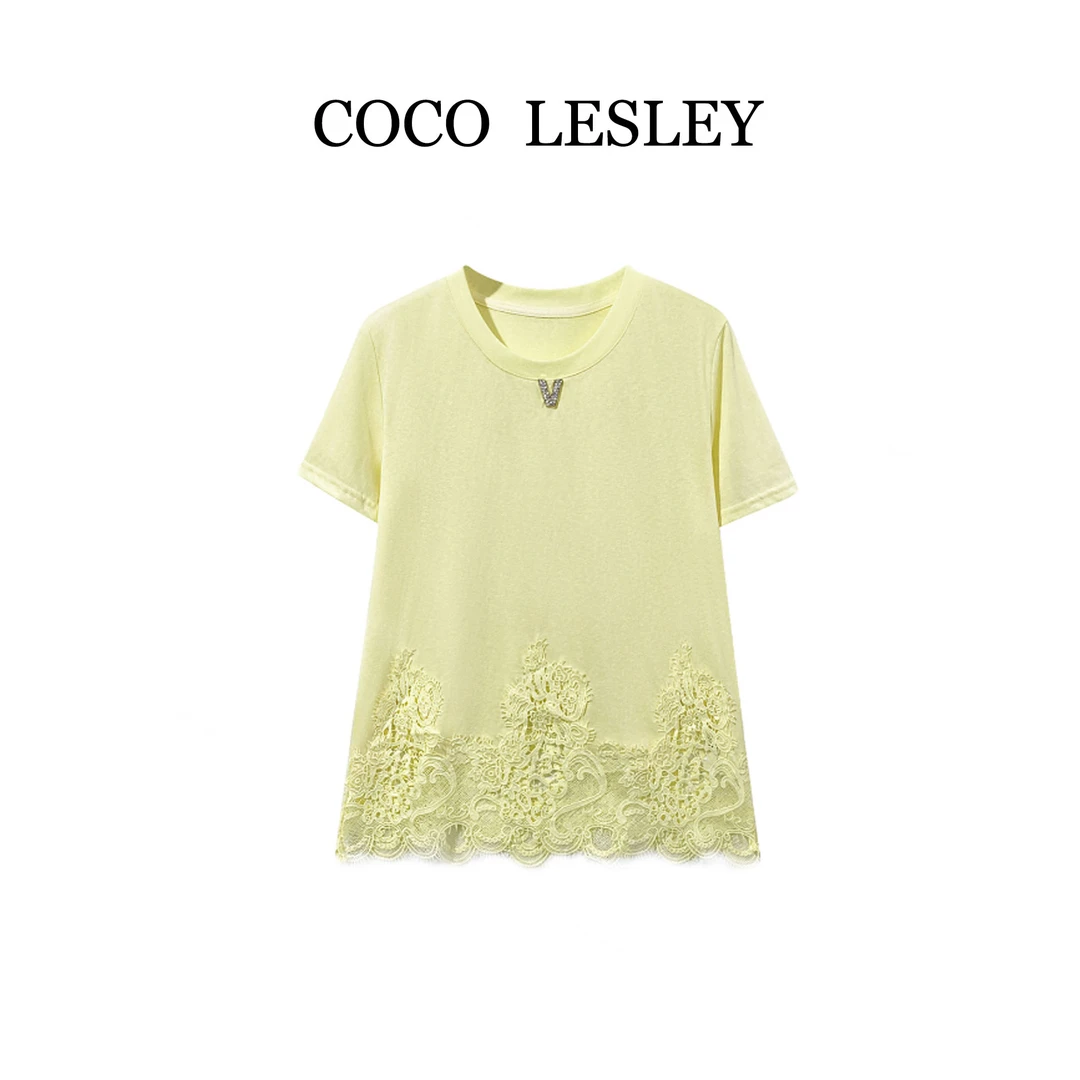【COCO LESLEY】68021#重工蕾丝拼接T恤2025春夏潮流个性上衣