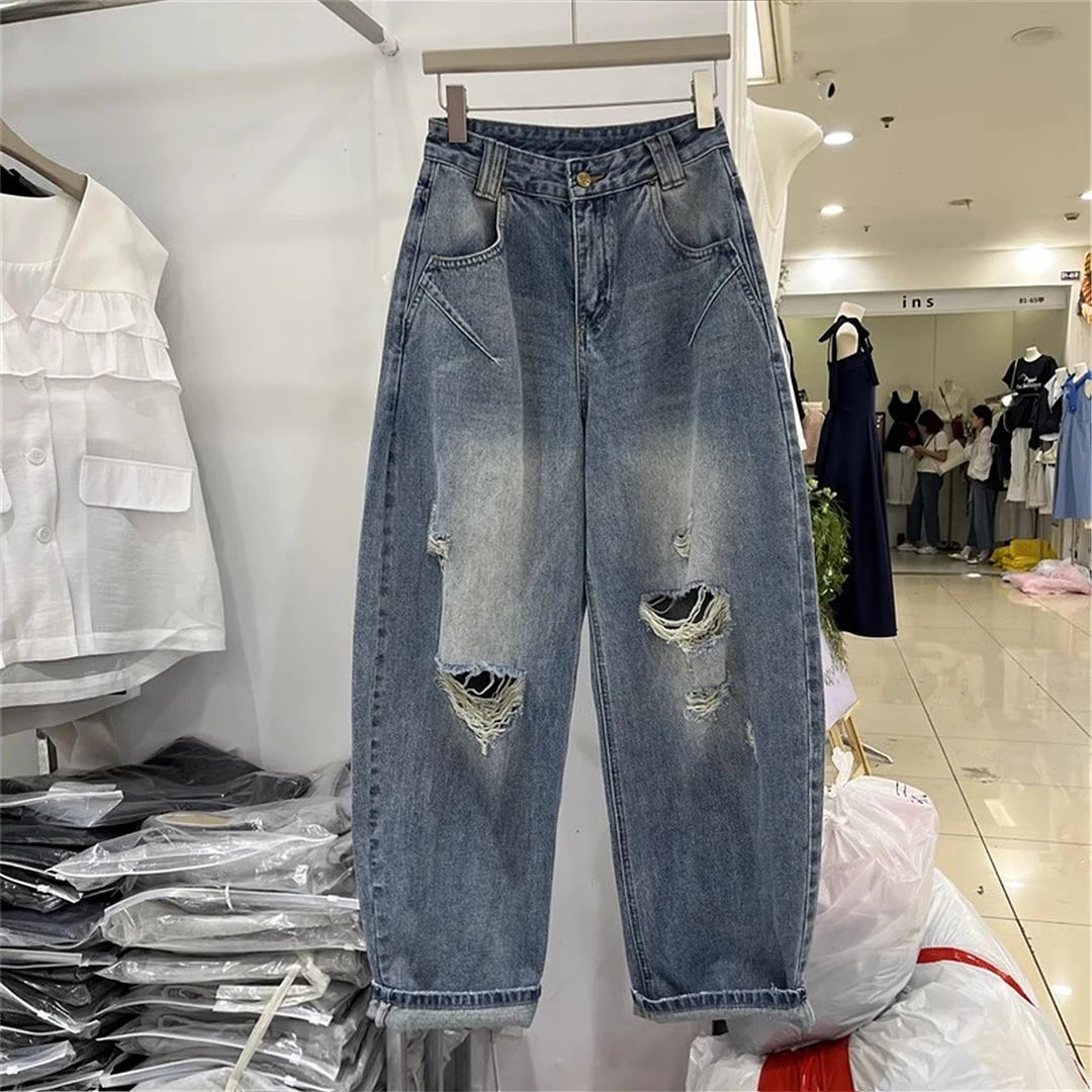 韩系慵懒风松弛感裤子女夏季松紧腰休闲裤薄款牛仔裤气球裤九分裤