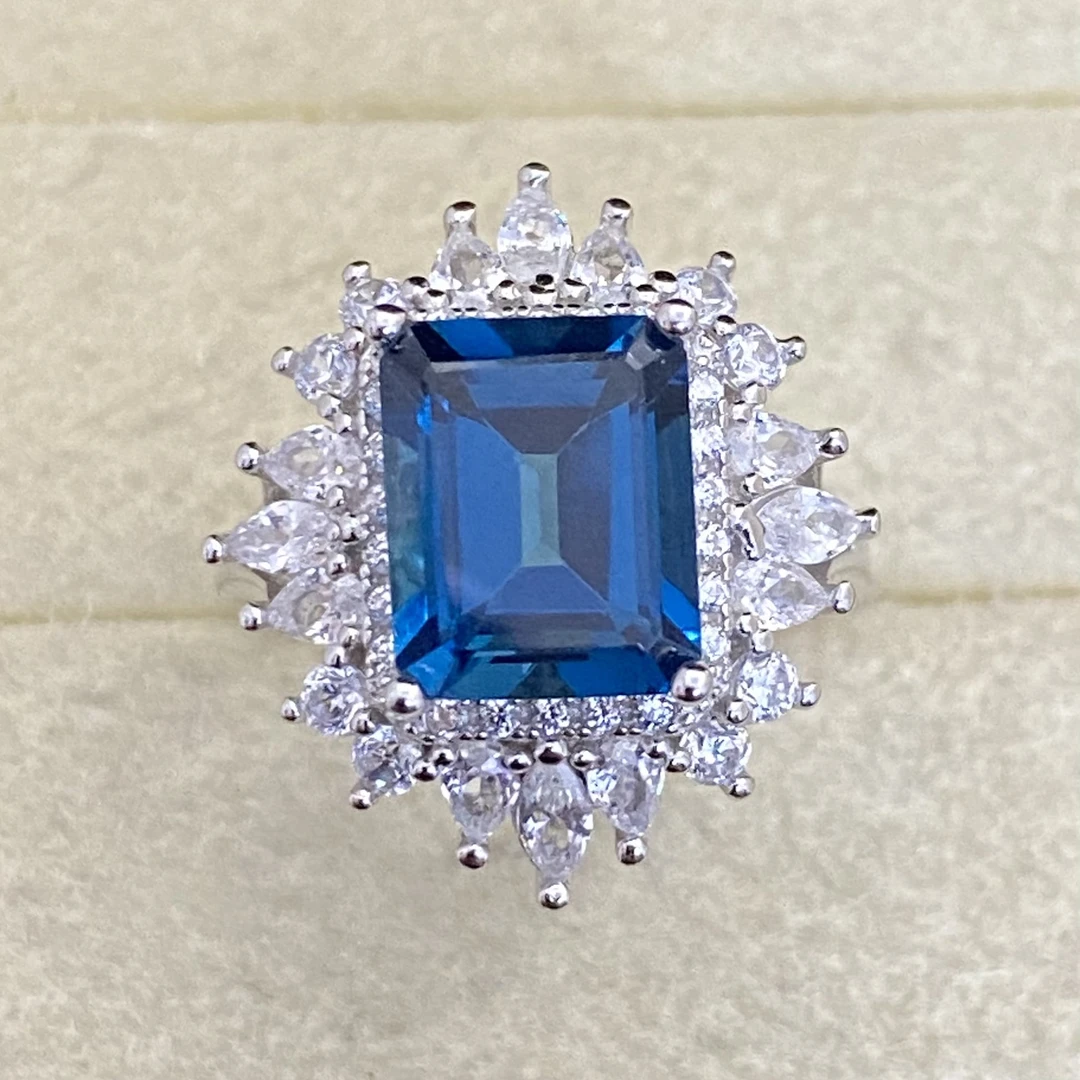 天然伦敦蓝托帕石戒指s925银方形8*10mm精致满钻豪华轻奢高级百搭