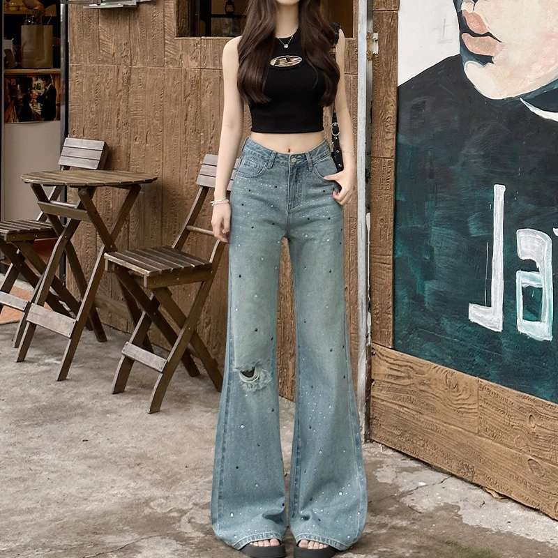 小苏打小苏打破洞闪钻直筒阔腿牛仔裤女2025夏季新款高腰宽松薄款