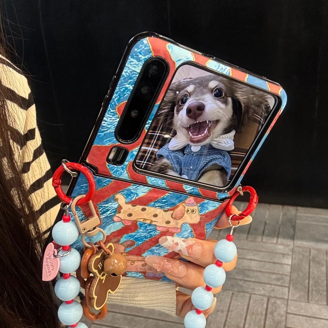 适用华为purax折叠屏手机壳蓝棕皮质pocket2烫金波浪条纹狗狗手绳