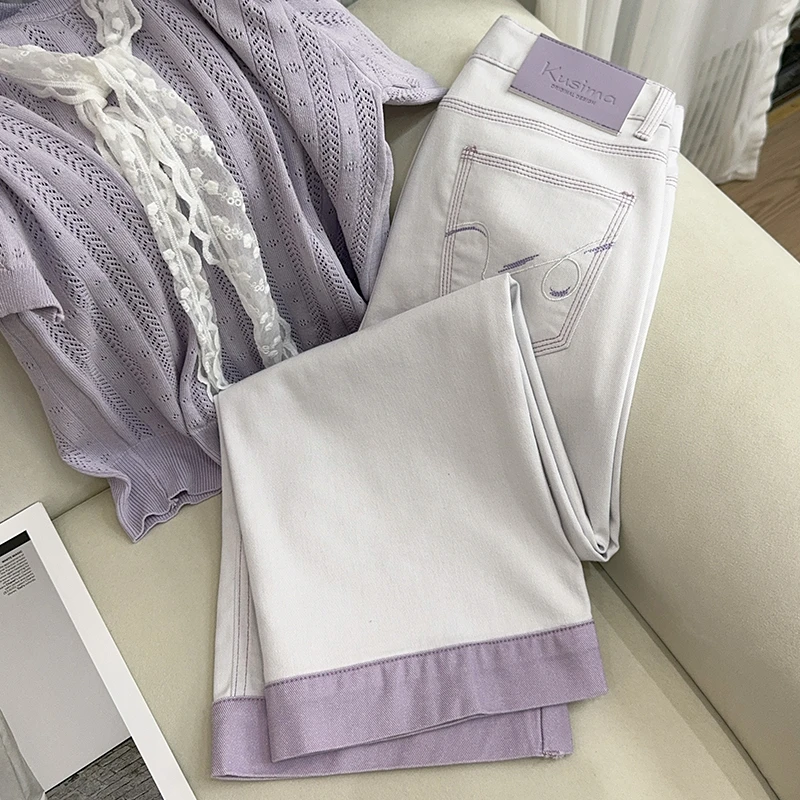 丁香紫三防莱赛尔阔腿牛仔2025夏季薄款高腰窄版直筒九分奶奶裤