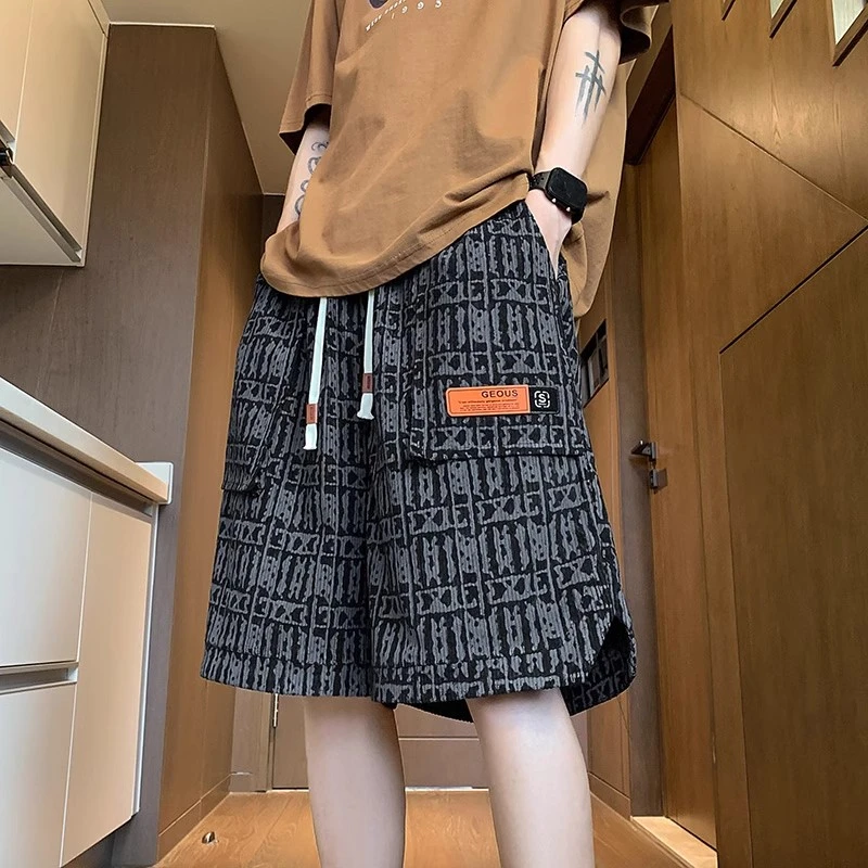 美式复古短裤男士2025夏季新款潮牌松紧腰字母满印休闲直筒五分裤