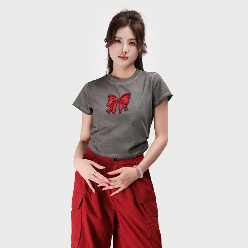JY3TX2599夏季新款2025做旧绣花蝴蝶结时尚宽松百搭短袖T恤女