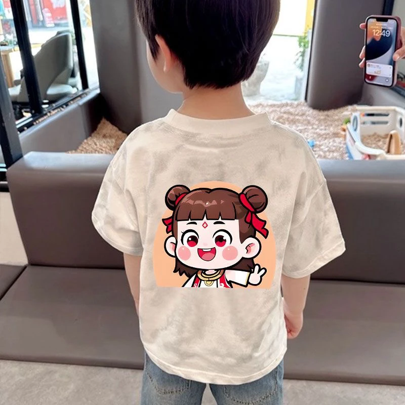 国潮哪吒衣服男童短袖t恤2025夏季中小童100纯棉时髦百搭女童上衣