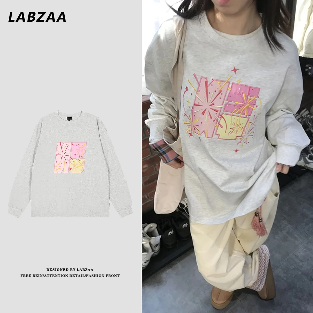 labzaa美式炫酷烟花毛巾绣长袖t恤男女秋季休闲宽松纯棉情侣上衣