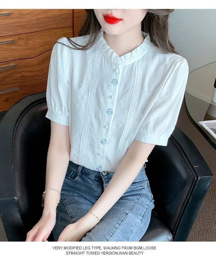 100%棉新款木耳边立领纯棉衬衫女短袖内搭打底衫高级感刺绣上衣