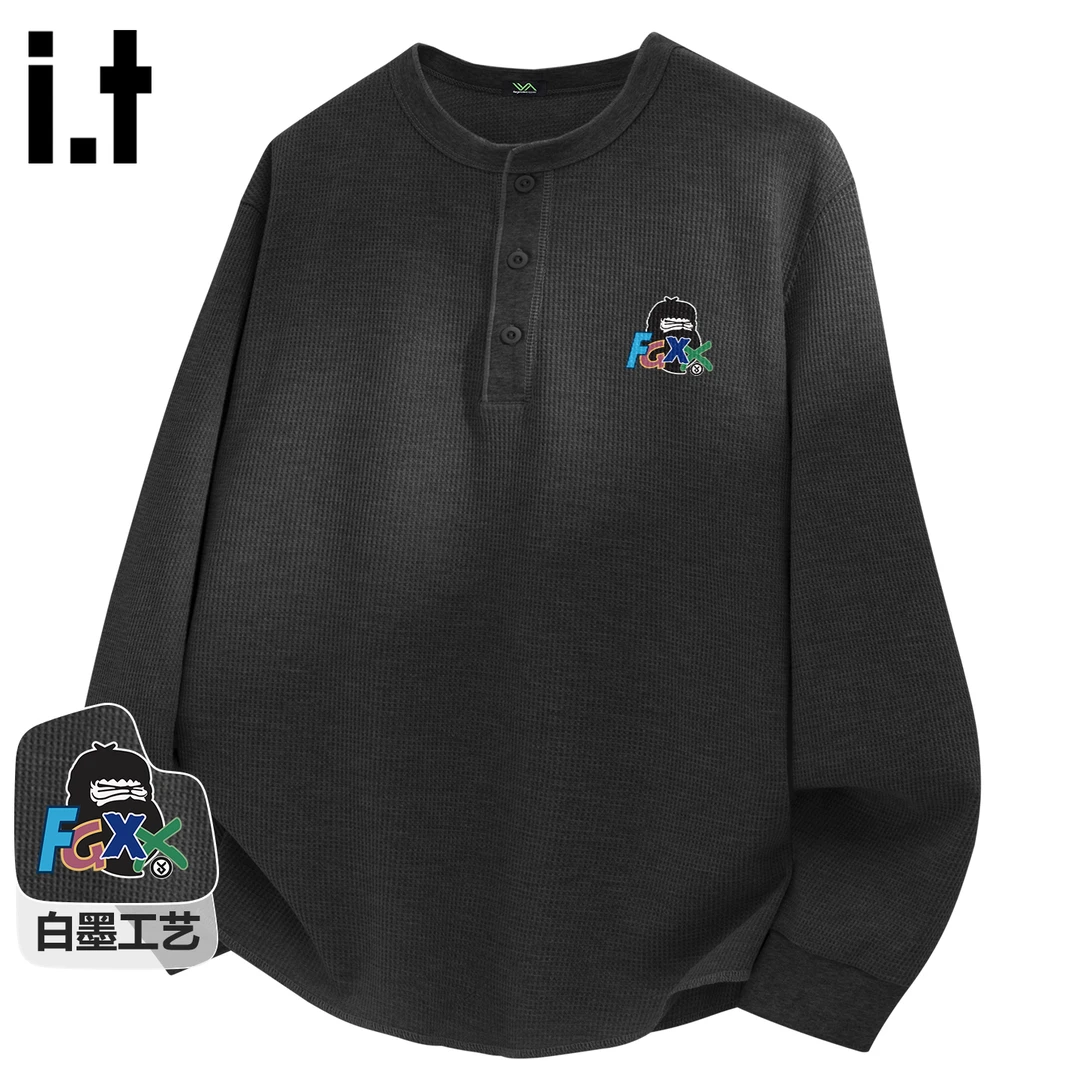 it FINGERCROXX潮流t恤男秋季美式童趣涂鸦印花亨利领华夫格上衣