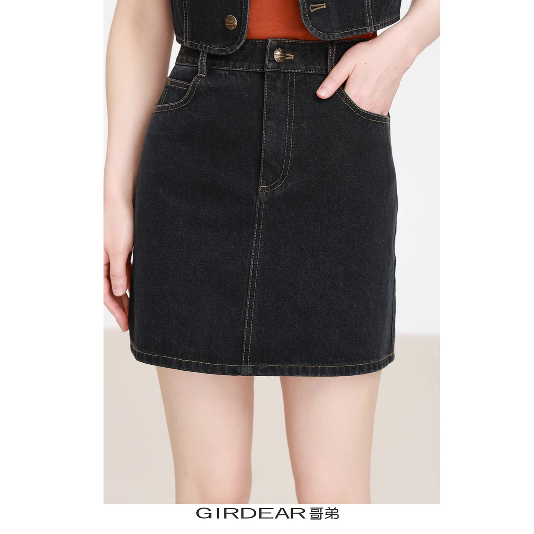 GIRDEAR/哥弟120018春季新款复古牛仔高腰半身裙短款百搭牛仔短裙