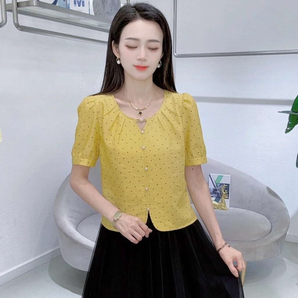 A8333夏季新款法式圆领短袖衬衫洋气遮肉显瘦减龄上衣