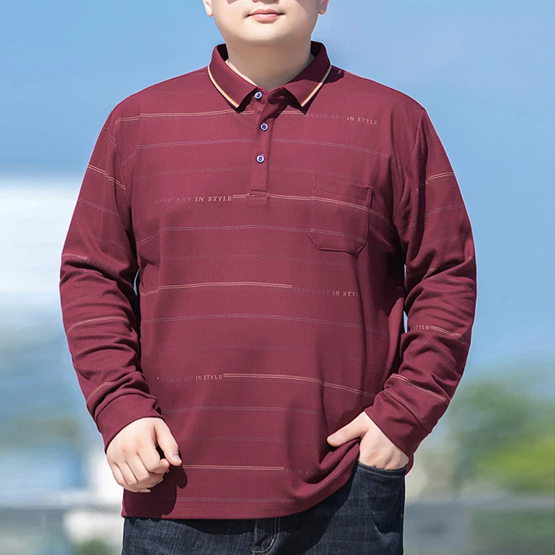 男士长袖T恤加肥加大码春秋中年爸爸条纹Polo男宽松休闲翻领打底