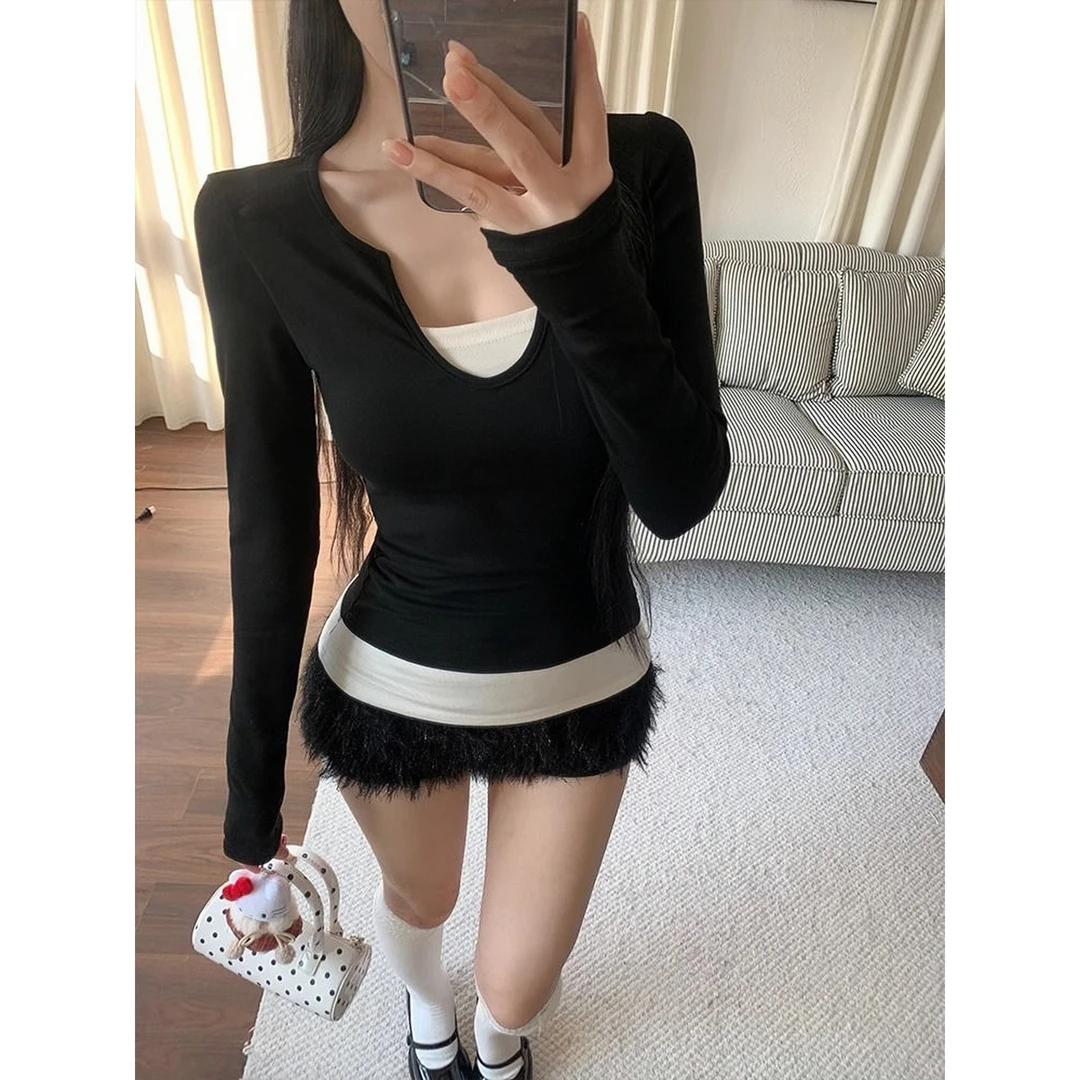 秋冬新款拼接假两件长袖t恤女紧身显瘦辣妹穿搭别致内搭上衣