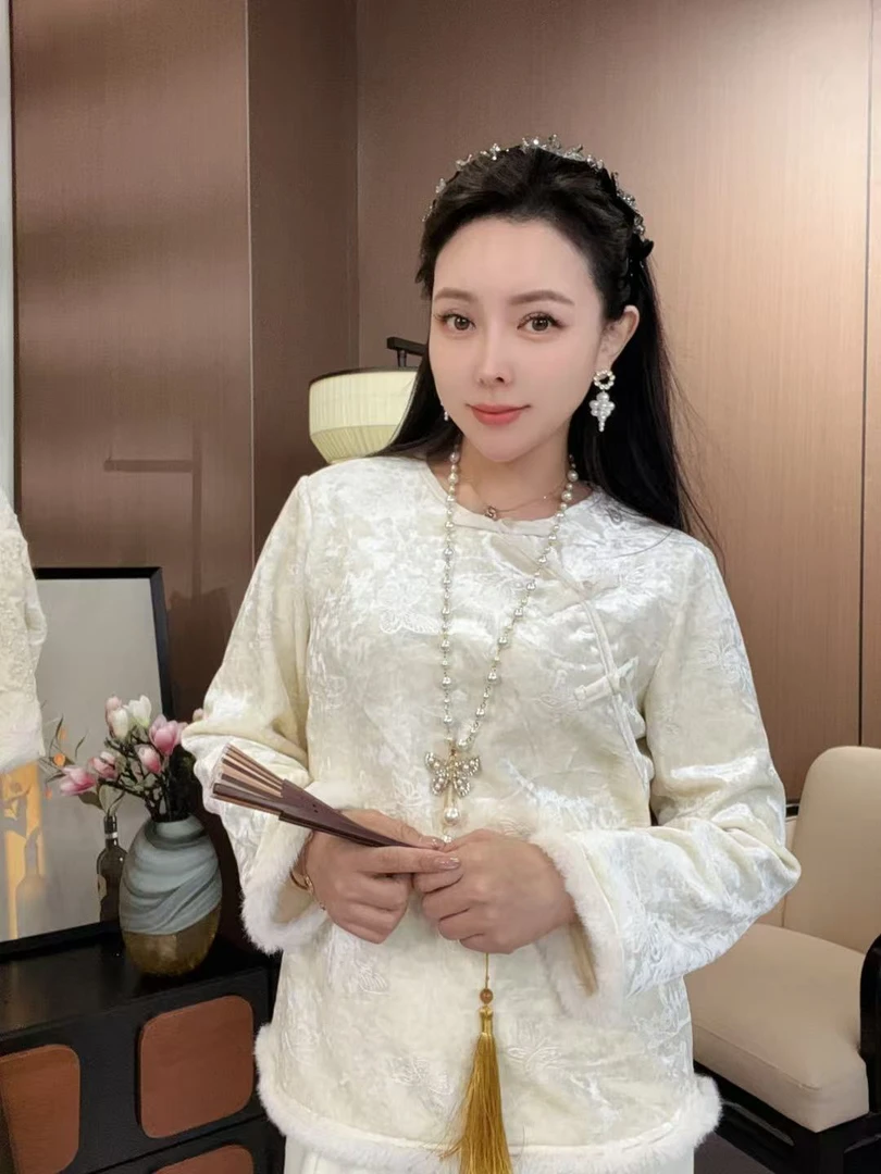 【白苎】水貂毛精致袖加绒打底衫秋冬新中式浮雕长袖提花内搭