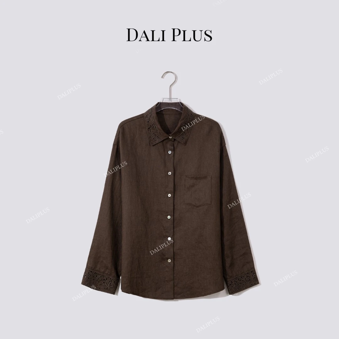 DALI PLUS“美拉德系列”亚麻红棕色蕾丝袖口长袖衬衫-D5MM2160
