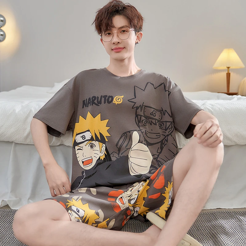 夏季睡衣男款纯棉短袖薄款宽松加大码全棉卡通青年学生家居服套装