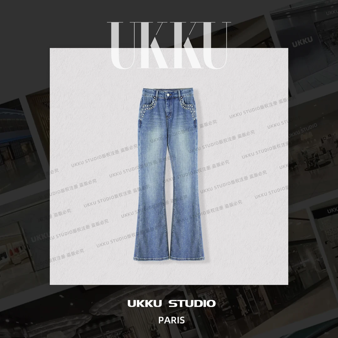 尧尧【UKKUSKUDIO】微喇烫钻牛仔裤休闲设计师款个性做旧百搭215121