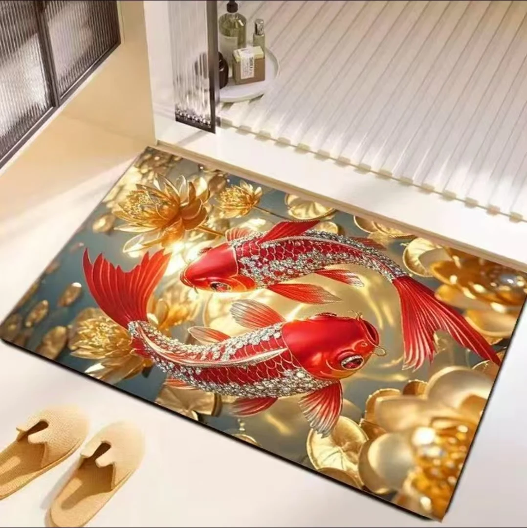 锦鲤送福入户门吸水地毯厨房脚垫沥水地垫家用卧室卫生间超防滑垫