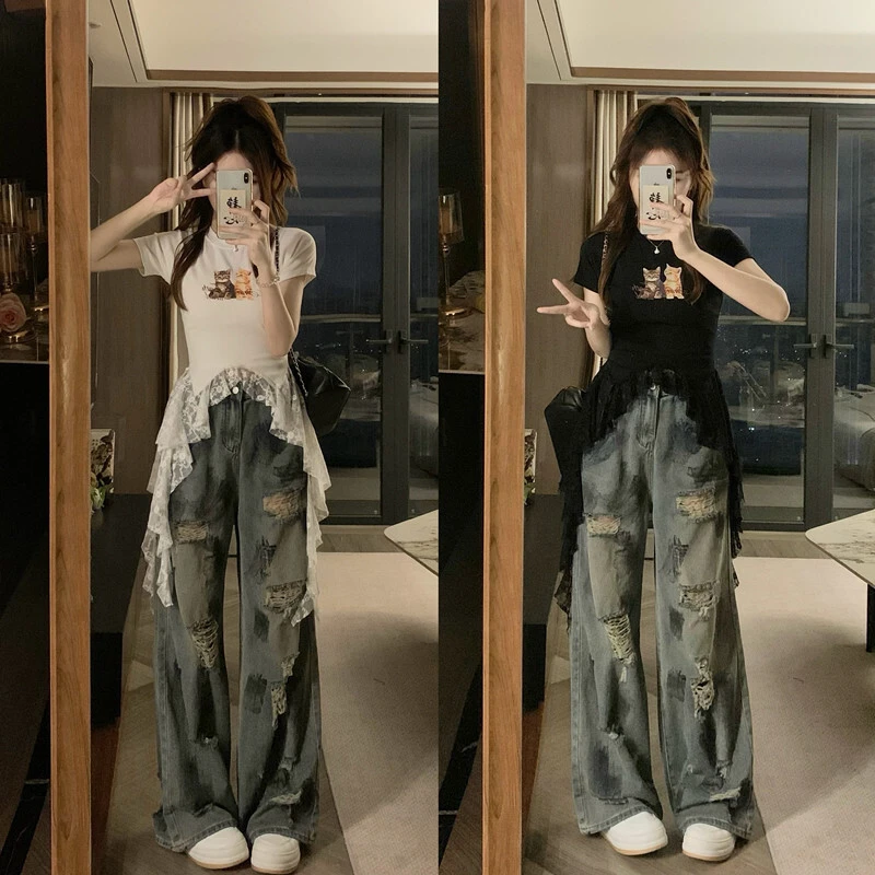 韩系甜辣妹圆领短袖t恤女夏季设计感不规则修身蕾丝拼接短款上衣