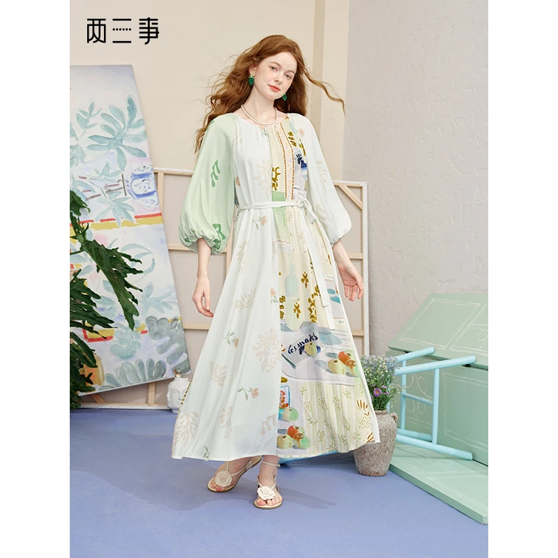 两三事花影轻斜 2025夏季新品森女风印花布拼接绑带灯笼袖连衣裙