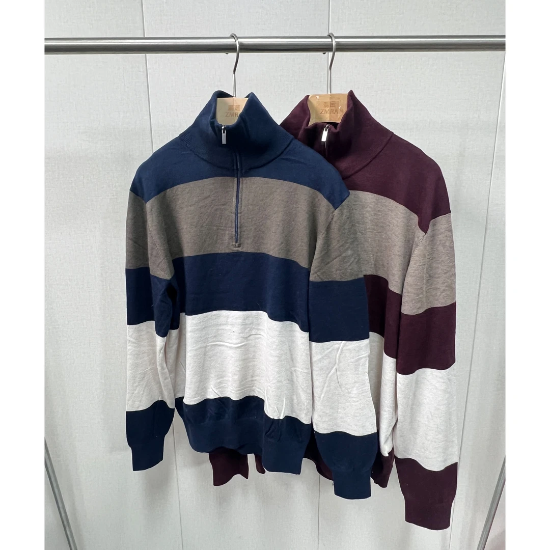 ZM2358 秋冬半开领条纹拼色百搭针织衫