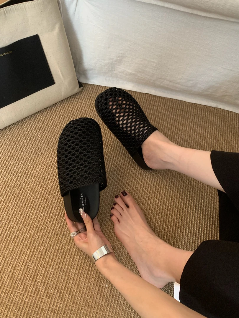 凉拖镂空渔网包头半拖鞋女夏外穿厚底编织拖鞋度假网格A058-212