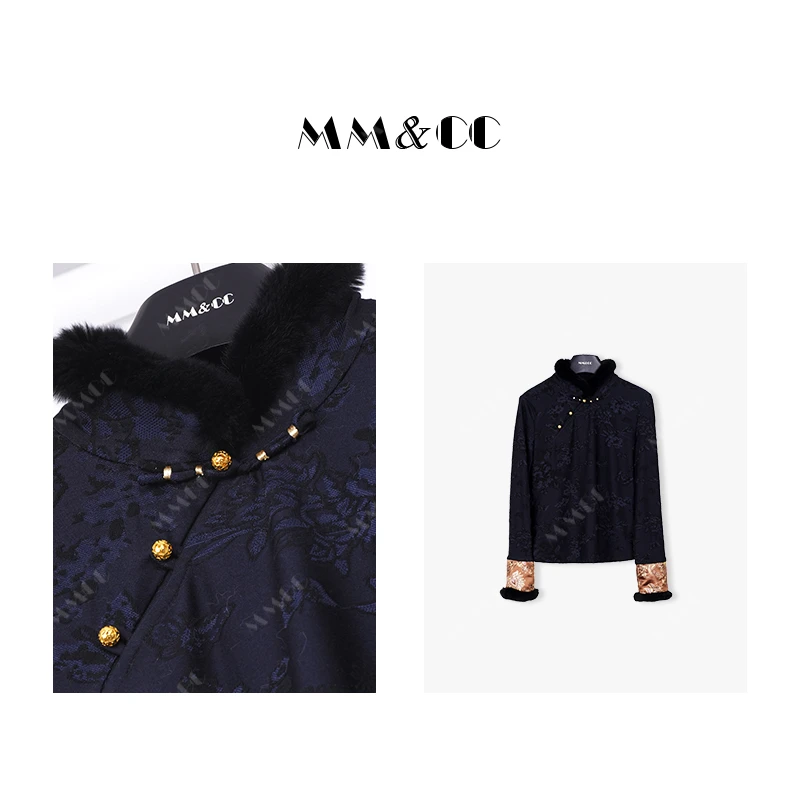 【话蝶】新中式国风拼接兔毛袖口刺绣拜年服打底衫E7053