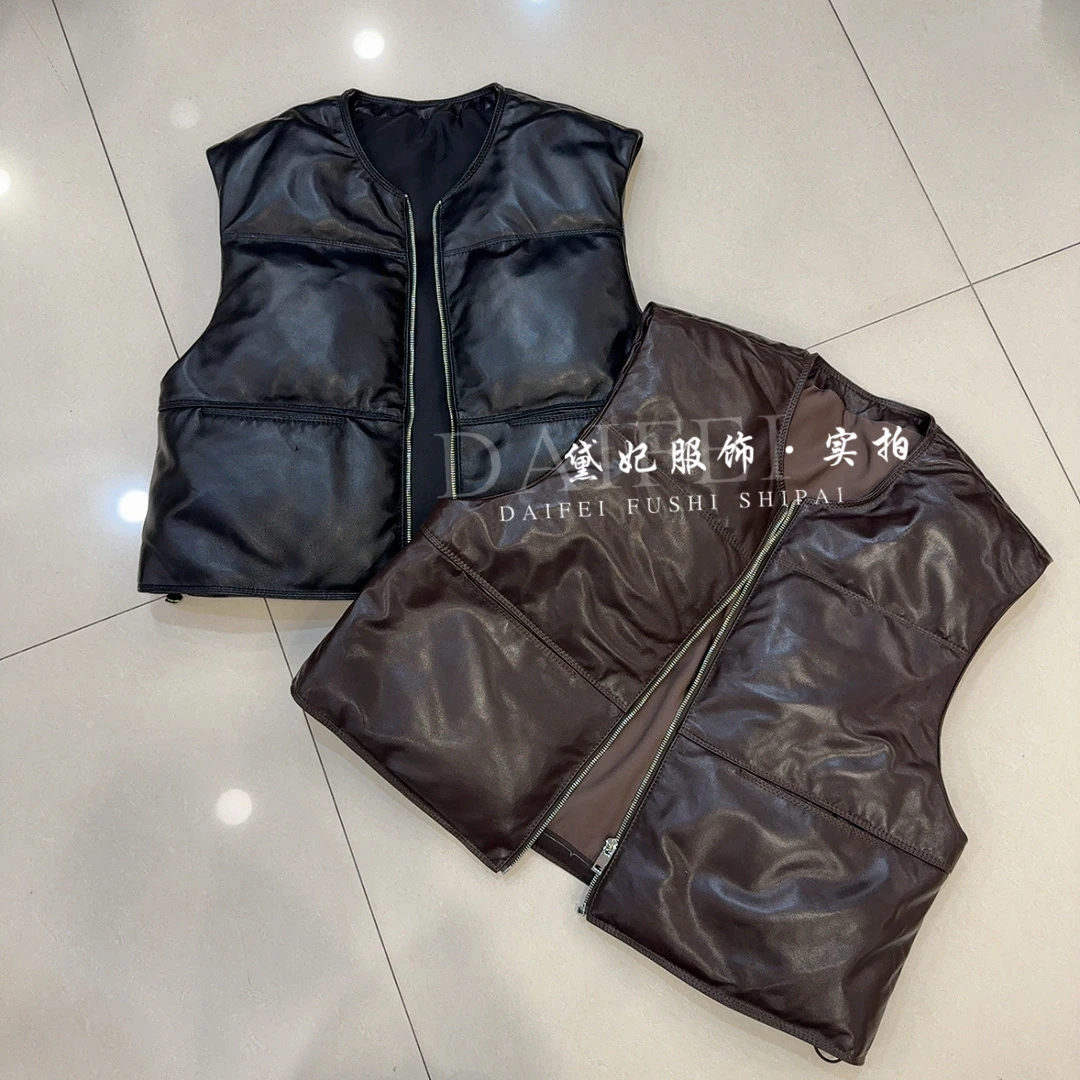 欧洲站真皮加绒马甲女秋冬新款短款宽松百搭无袖坎肩上衣外套皮衣