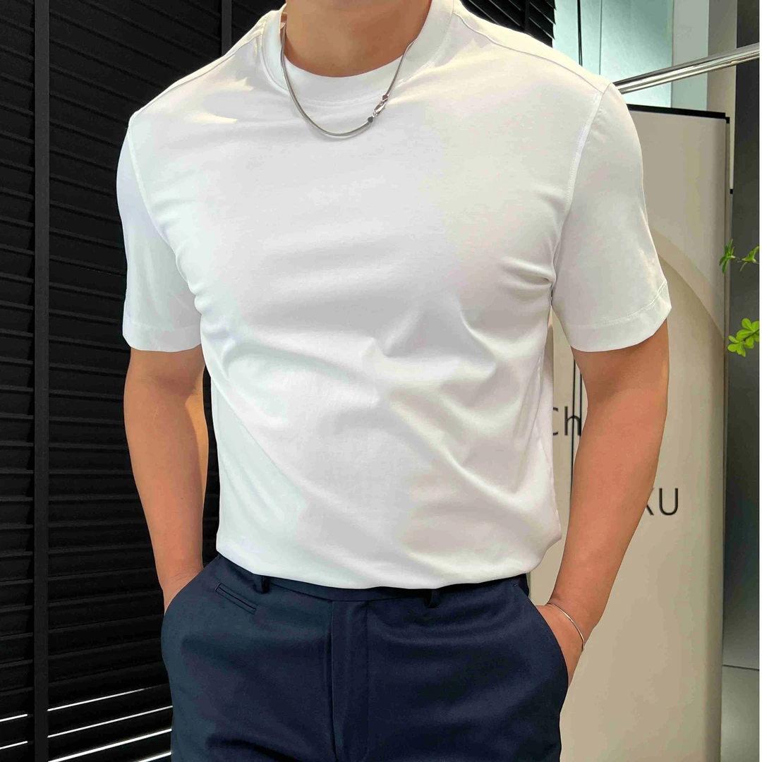 夏季正肩匹马丝光棉净版纯色白T恤圆领男轻奢短袖半袖体恤衫